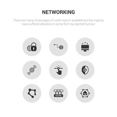9 round vector icons such as home network, https, hub, insecure, interactive contains internet, internet attack, internet connection, security. home network, https, icon3_, gray networking icons
