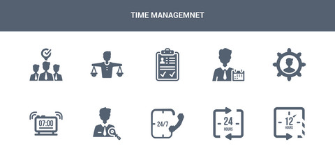 10 time managemnet vector icons such as 12 hours, 24 hours, 24/7, administrator, alarm contains appearance, appointment, approved, balance in human resources, candidate. time managemnet icons