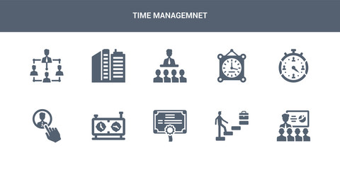 10 time managemnet vector icons such as onboarding, career, certification, chess clock, choice contains chronometer, clock, coaching, company, company structure. time managemnet icons