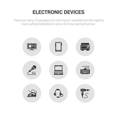 9 round vector icons such as hairdryer, headphones, iron, keyboard, laptop contains microphone, microwave, mobile phone, monitor. hairdryer, headphones, icon3_, gray electronic devices icons