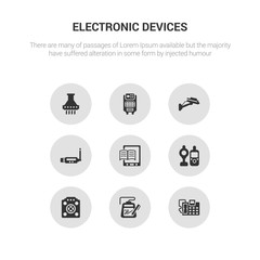 9 round vector icons such as answering machine, electronic, asic miner, baby monitor, book reader contains usb wireless adapter, video surveillance, air purifier, exhaust hood. answering machine,