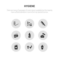 9 round vector icons such as antiseptic, bathroom, bleach, body cream, chlorine contains clean dishes, comb, cosmetics, cotton swab. antiseptic, bathroom, icon3_, gray hygiene icons