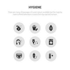 9 round vector icons such as deodorant, depilator, diaper, dryer, electric razor contains face cleanser, face mask, foam, fragance. deodorant, depilator, icon3_, gray hygiene icons