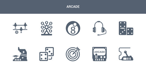 10 arcade vector icons such as controls, crystal, dart, dice, dices contains domino, earphone, eight ball, ferris wheel, foosball. arcade icons