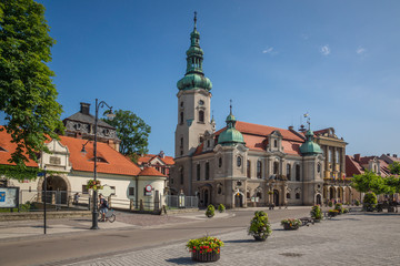 Fototapeta na wymiar Church and town hall in Pszczyna, Silesia, Poland