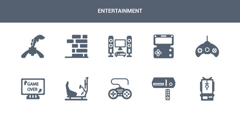 10 entertainment vector icons such as gambling, game console, game controller, game machine, over contains gamepad, handheld home theater, jenga, joystick. entertainment icons