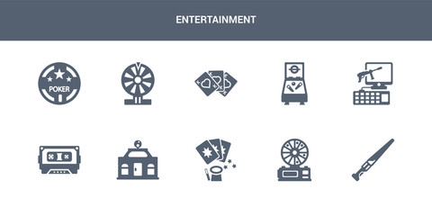 10 entertainment vector icons such as lightsaber, lottery game, magic cards, mall, music tape contains pc game, pinball, playing cards, poker, poker chip. entertainment icons