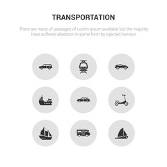 9 round vector icons such as sailboat, school bus, schooner, scooter, sedan contains ship, sport car, subway, suv. sailboat, school bus, icon3_, gray transportation icons