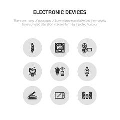 9 round vector icons such as speakers, graphic tablet, scanner, smartband, smart light contains copy machine, video recorder, weighing, activity tracker. speakers, graphic tablet, icon3_, gray