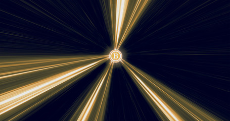 Bitcoin hypnotic loop  background,  Bitcoin currency sign in digital cyberspace, Business and Technology Network Concept
