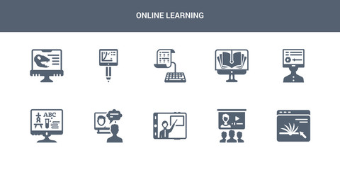 10 online learning vector icons such as online, online class, coaching, course, education contains learning, library, test, training, paleontology. learning icons