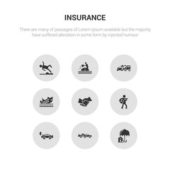 9 round vector icons such as real estate insurance, rear end collision, repair, robbery, shake hands contains ship insurance, side crash, sinking, slippery road. real estate insurance, rear end