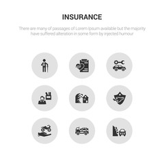 9 round vector icons such as stone on the road, towed car, transport insurance, travel insurance, tsunami insurance contains unemployed, vehicle repair, wellness, wounded. stone on the road, towed