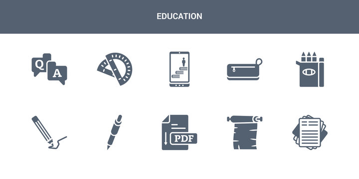 10 education vector icons such as paper, parchment, pdf, pen, pencil contains pencil box, pencil case, progress, protractor, qa. education icons