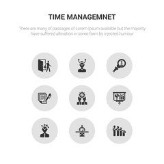 9 round vector icons such as attrition, balanced scorecard, behavioral competency, benchmarking, change management contains confidentiality agreement, due diligence, emotional intelligence, exit