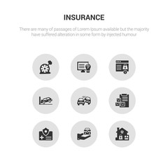 9 round vector icons such as locked padlock insurance, luggage insurance, medical insurance, moving overturned car contains parking crash, payment protection, problem electric, puncture in a wheel.