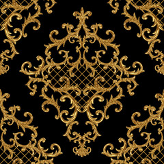 Dekoratives nahtloses Muster der barocken goldenen Elemente. Aquarell handgezeichnete Goldelementstruktur auf schwarzem Hintergrund.