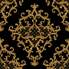 Wall murals Black and Gold Baroque golden elements ornamental seamless pattern. Watercolor hand drawn gold element texture on black background.