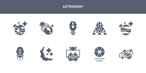 10 astronomy vector icons such as galaxy, gamma ray, generator, half moon, jet pack contains jupiter, lander, liftoff, magnetic field, mars. astronomy icons
