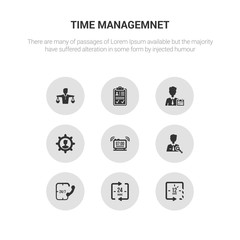 9 round vector icons such as 12 hours, 24 hours, 24/7, administrator, alarm contains appearance, appointment, approved, balance in human resources. 12 hours, 24 icon3_, gray time managemnet icons
