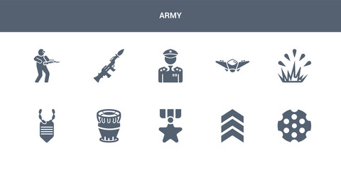 10 army vector icons such as chamber, chevrons, condecoration, depth charge, dog tag contains explosion, fighter plane, general, grenade launcher, infantry. army icons