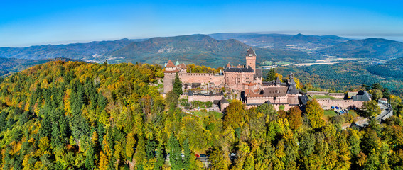 Aerial panorama of the Chateau du Haut-Koenigsbourg in the Vosges mountains. Alsace, France