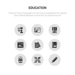 9 round vector icons such as marker, maths, mobile learning, notebook, notes contains online, online class, online coaching, course. marker, maths, icon3_, gray education icons