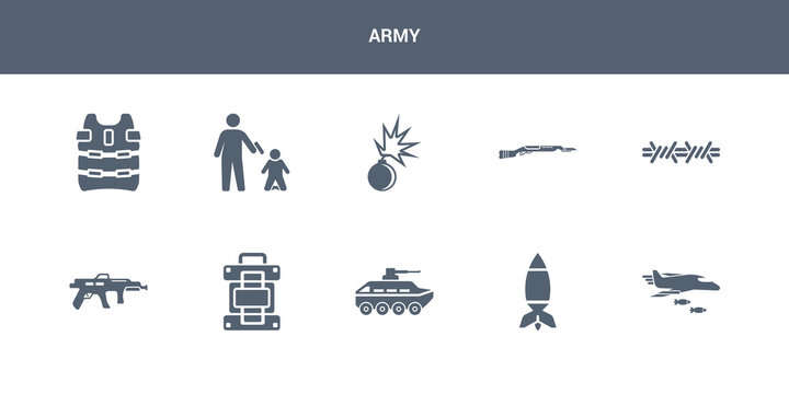 10 army vector icons such as air force, airplane bomb, armo vehicle, army backpack, automatic gun contains barbed, bayonet on rifle, bomb detonation, execution, bulletproof. army icons