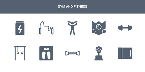 10 gym and fitness vector icons such as yoga mat, boxing mannequin, chest expander, diet, gymnastic rings contains dumbbell, elevation mask, exercise, exercise bands, fitness. gym and fitness icons