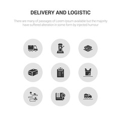 9 round vector icons such as free delivery, guarantee, moving, open box, order contains package, post office, postbox, shipping. free delivery, guarantee, icon3_, gray delivery and logistic icons