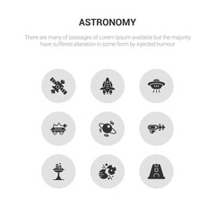 9 round vector icons such as space capsule, space collision, space colony, gun, junk contains robot, ship, shuttle, station. capsule, collision, icon3_, gray astronomy icons