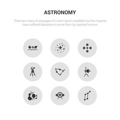 9 round vector icons such as lyra constellation, airscrew, big bang, voyager, capricorn contains reflector, solstice, star cluster, magnitude. lyra constellation, airscrew, icon3_, gray astronomy
