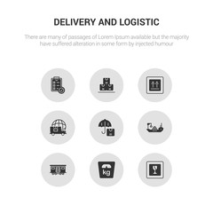 9 round vector icons such as fragile, weight, cargo train, logistic ship, logistic umbrella contains global logistic, side up, packages, check list. fragile, weight, icon3_, gray delivery and icons