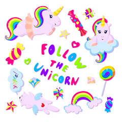 Colorful rainbow unicorns and sweets.