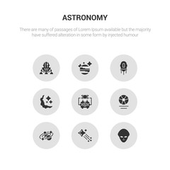 9 round vector icons such as extraterrestrial, falling star, galaxy, gamma ray, generator contains half moon, jet pack, jupiter, lander. extraterrestrial, falling star, icon3_, gray astronomy icons