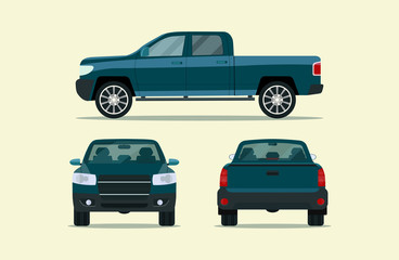 Pickup truck isolated. Pickup truck with side view, back view and front view. Vector flat style illustration - obrazy, fototapety, plakaty