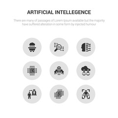 9 round vector icons such as body scan, chip, cloning, cloud computing, cloud intelligence contains cpu, cyborg, data analysis, data mining. body scan, chip, icon3_, gray artificial intellegence