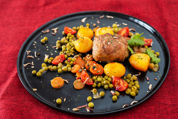 Beef meat stewed with potatoes-Traditional French cuisine Beef Bourguignon potatoes carrots in persillade