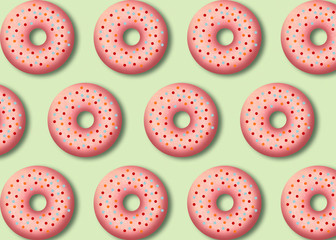 Delicious pink donuts. Tasty bakery product. Colorful food design. Illustration.