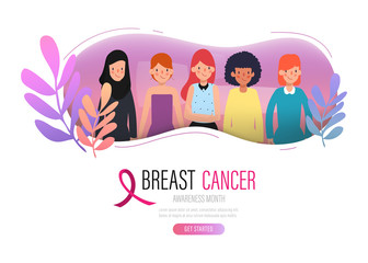 Naklejka na ściany i meble Breast cancer day international Landing Page Template.Women with ribbon People Characters for ui, web, mobile app, poster and banner.