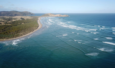 Surat Bay coast and estuary aerial view, Catlins, New Zealand