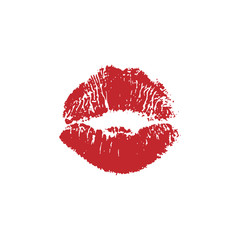 Vector illustration of womans girl red lipstick kiss mark isolated on white background. Valentines day icon, sign, symbol, clip art for design.