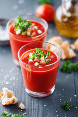 Tasty summer tomato soup served in glass