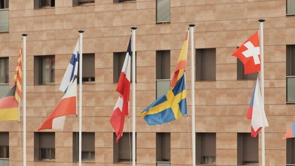 European flags on the street in Calella. Spain.