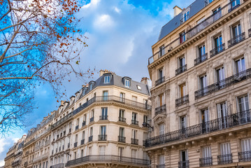 Fototapeta na wymiar Paris, beautiful building in the center, typical parisian facade in the Marais, rue Reaumur 