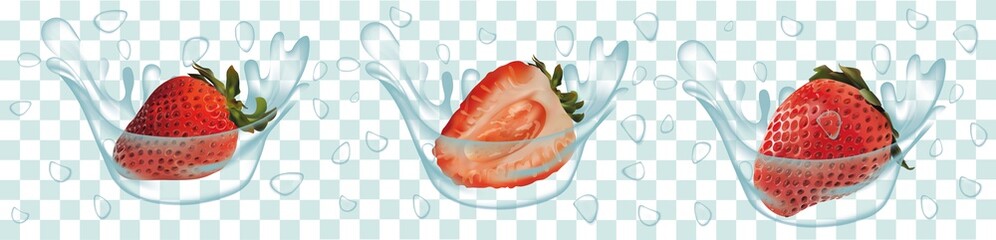 Splash strawberry in water realistic 3d vector. Raw strawberry fruit. Whole and slice strawberry with splashes water. Concept of good nutrition, healthy food and lifestyle, Vector illustration