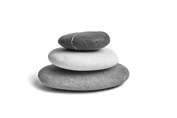 Sea pebble. Group of smooth grey and black stones. Pebbles isolated on white background