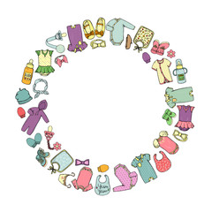 Fototapeta na wymiar Vector colored illustration of baby clothes and accessories framed in circle. Template for banner with isolated footie, hat, headband, mittens, pacifier, romper,