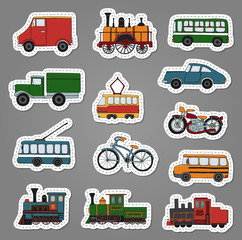Vector colored set of retro engines and transport stickers. Vector illustration of vintage trains, bus, tram, trolleybus, car, bicycle, bike, van, truck. 