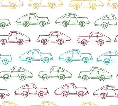 Vector seamless pattern of textured retro cars. Vector repeat background of vintage colored transport isolated on white background. Cartoon style endless illustration of old means of transport 